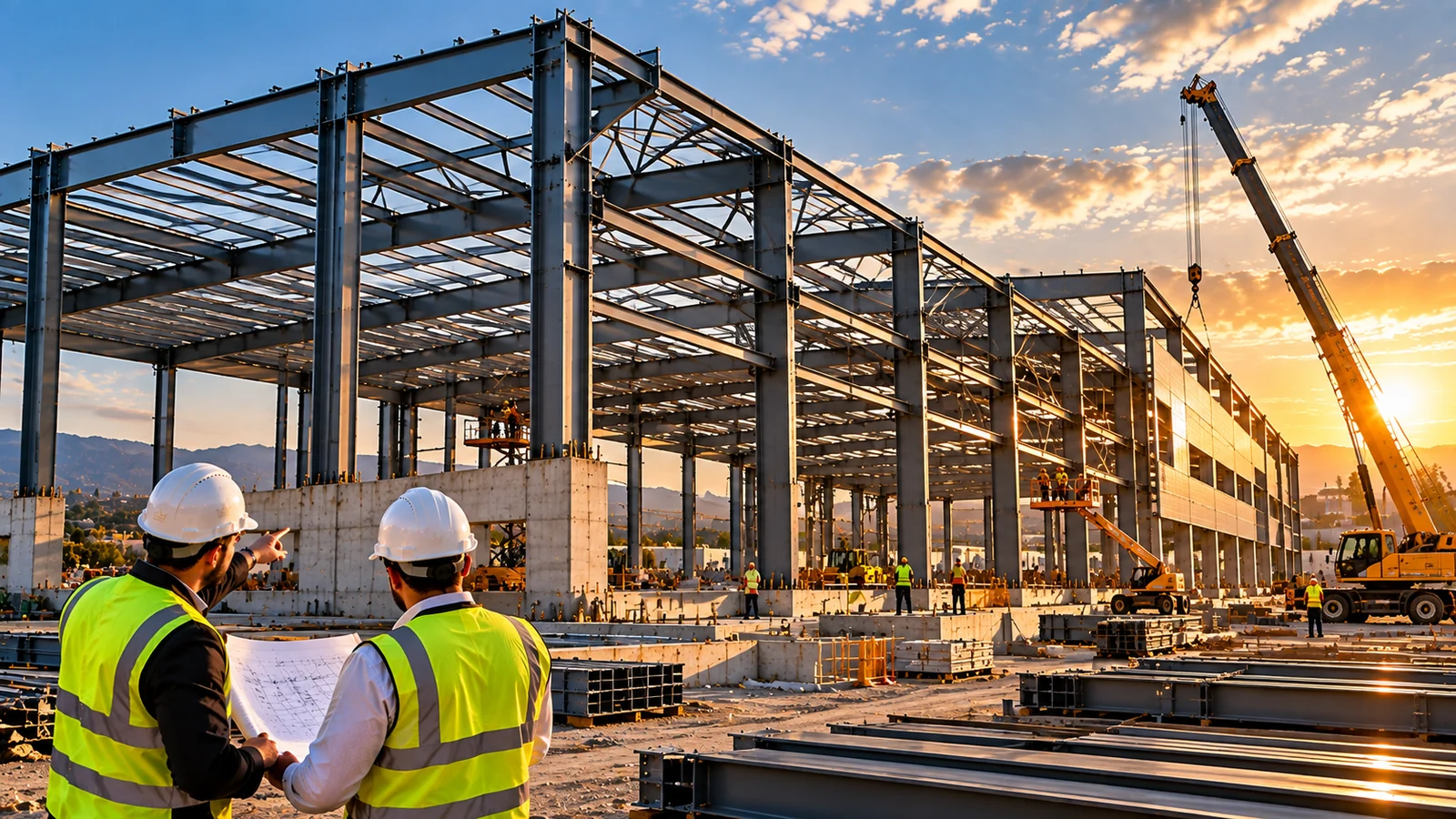 Fabrika şantiyesinde çelik konstrüksiyon taşıyıcı sistem montajı