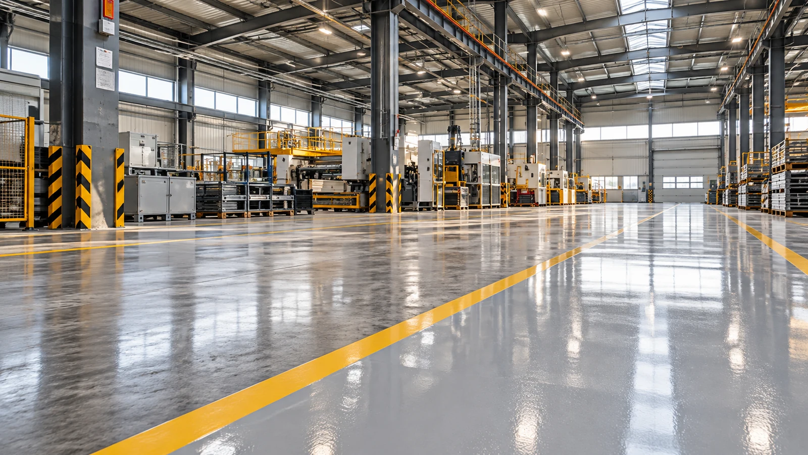 Fabrika içinde parlak endüstriyel zemin kaplaması ve sarı güvenlik çizgileri